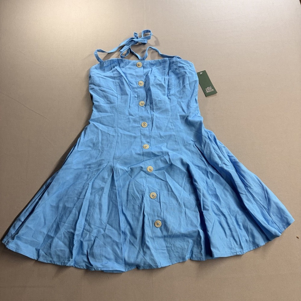 Wild Fable Blue Halter Mini Dress Womens S Button Front Linen Blend NWT
